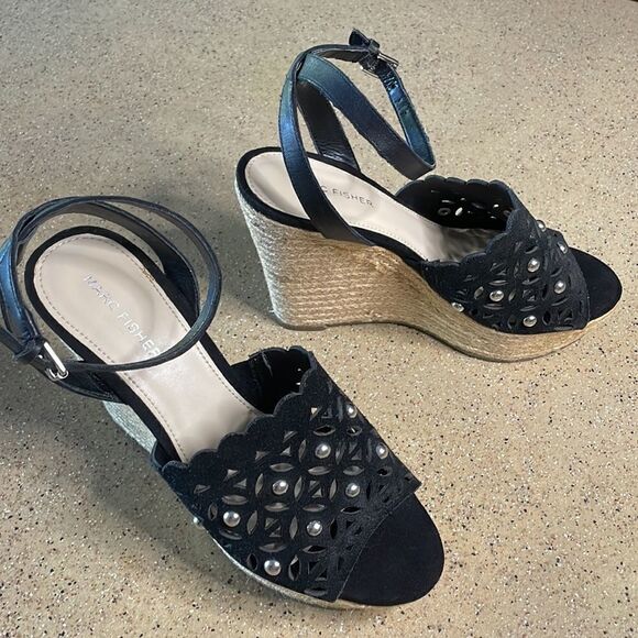 Marc Fisher "Hata" Espadrille Wedge Studded Sandals Black Suede sz 8 - Picture 8 of 16